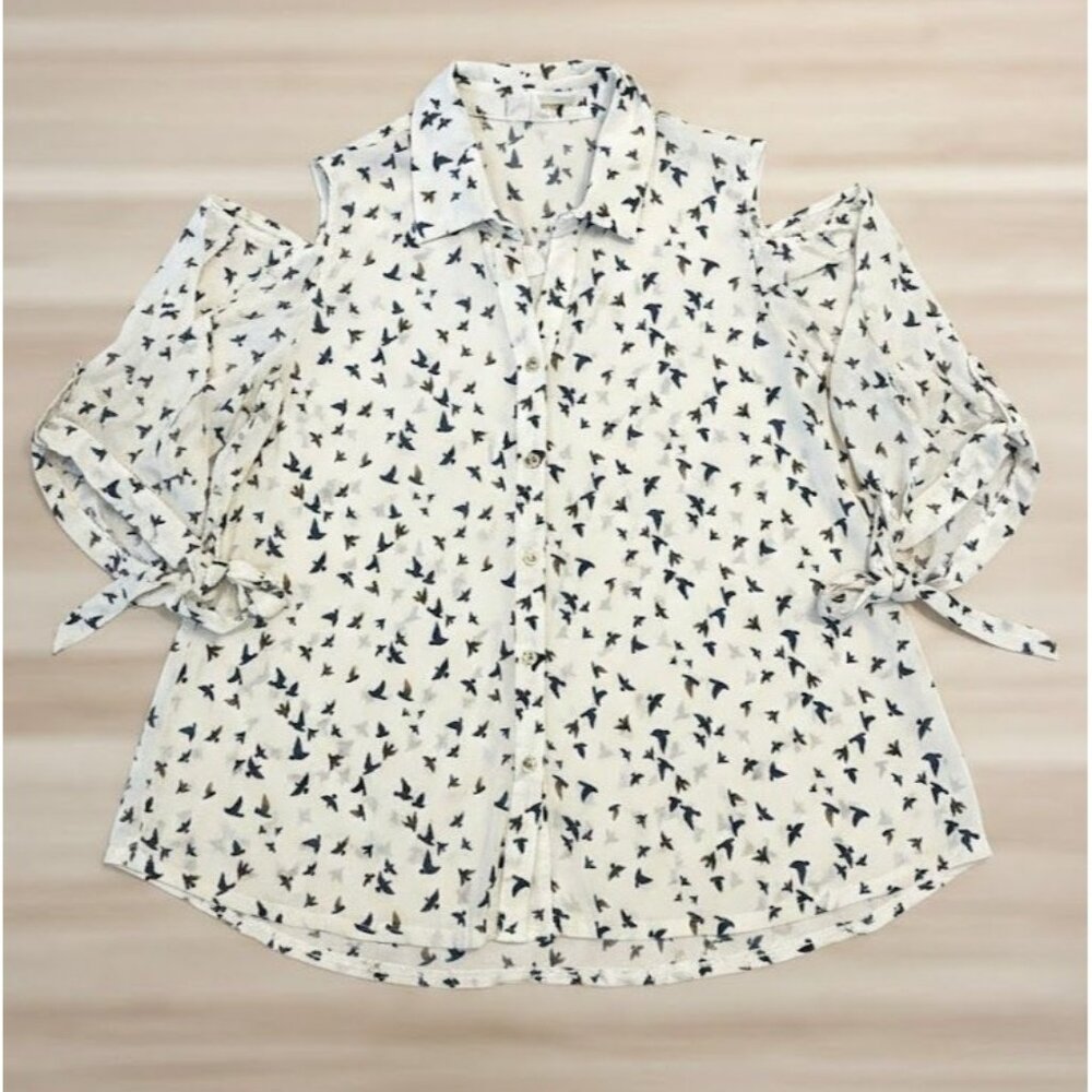 Ember Bird Print Cold Shoulder Blouse - Gold‎ Buttons & Tie Cuffs - Size [L]